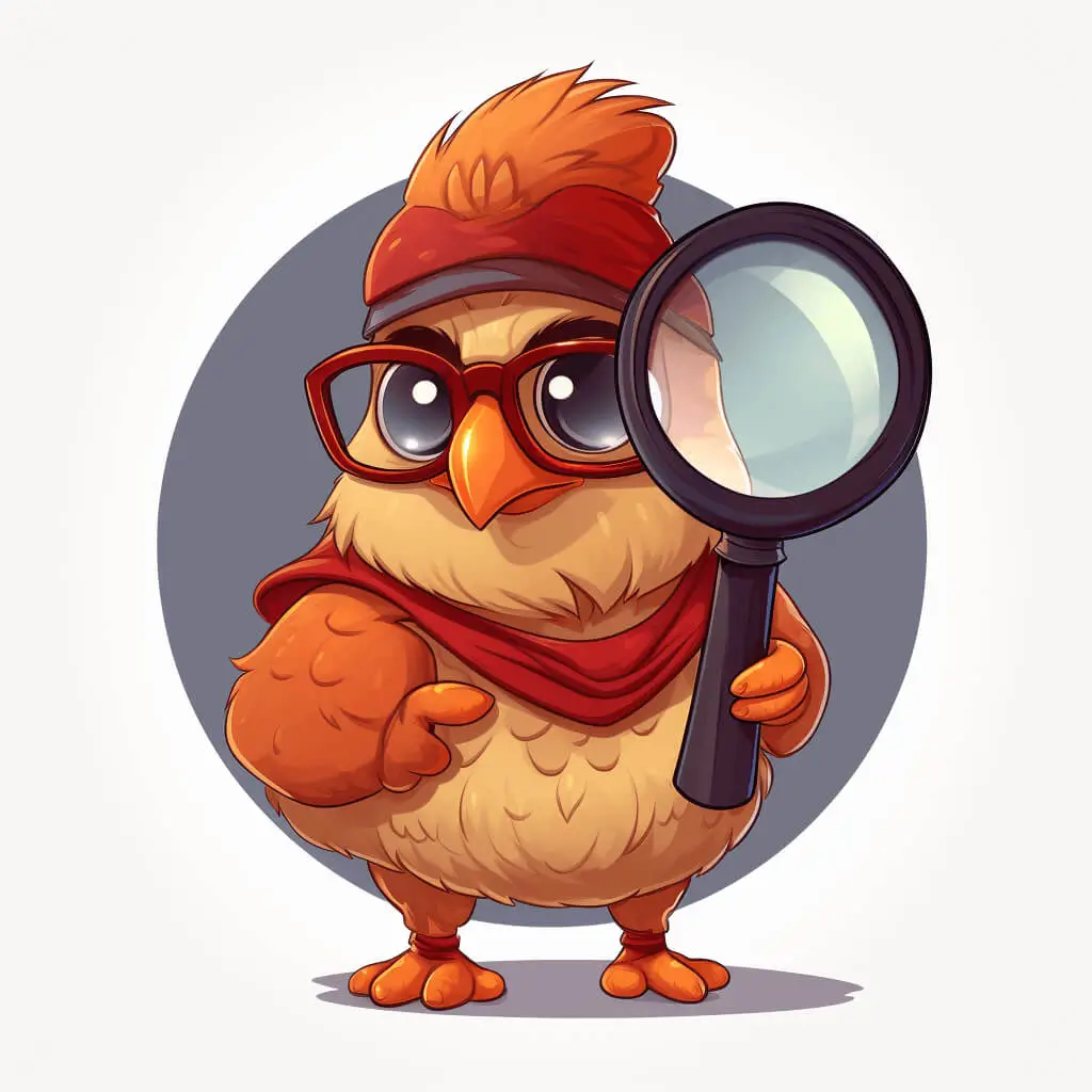 Cute artistic chicken with glasses holding a magnifying glass